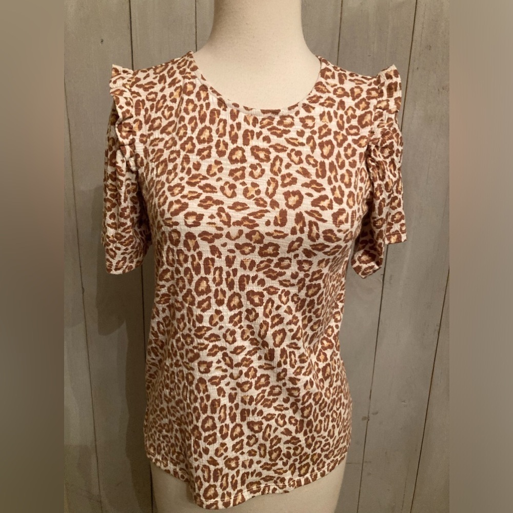 Nine‎ West Animal Print Ruffle Shoulder SS Top Size XS